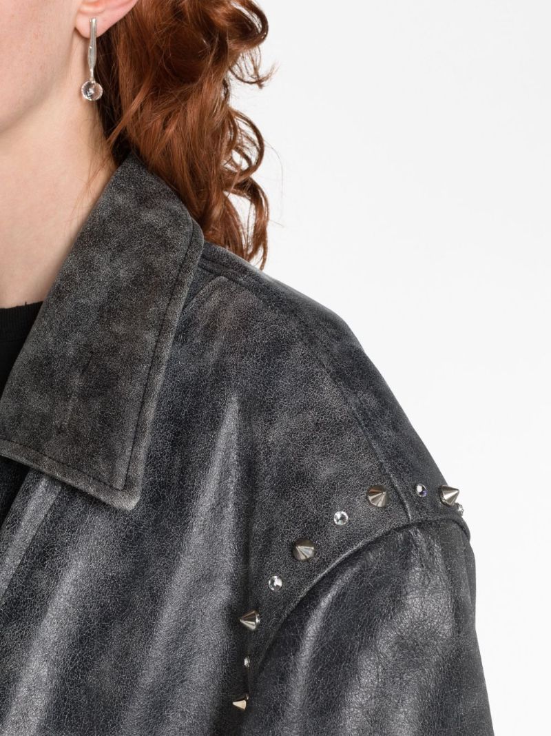 Grey Studded Leather Biker Jacket