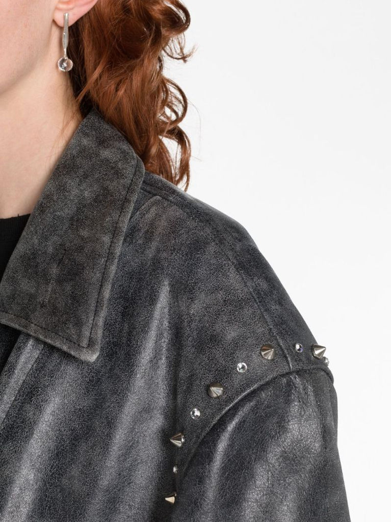 Grey Studded Leather Biker Jacket