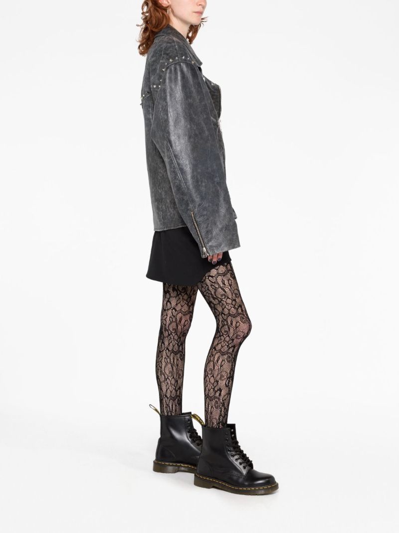 Grey Studded Leather Biker Jacket