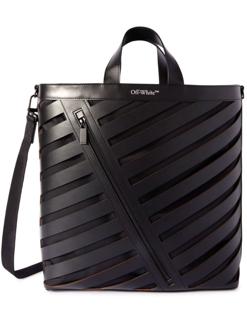 Black Diag Cut-out Leather Tote Bag