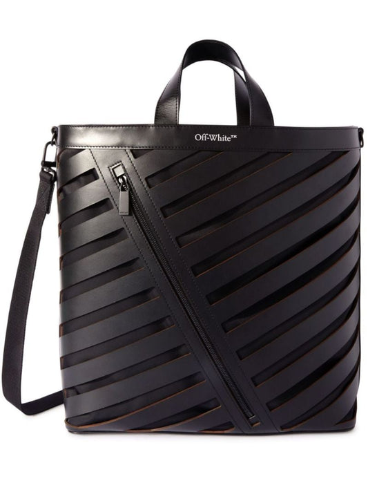 Black Diag Cut-out Leather Tote Bag