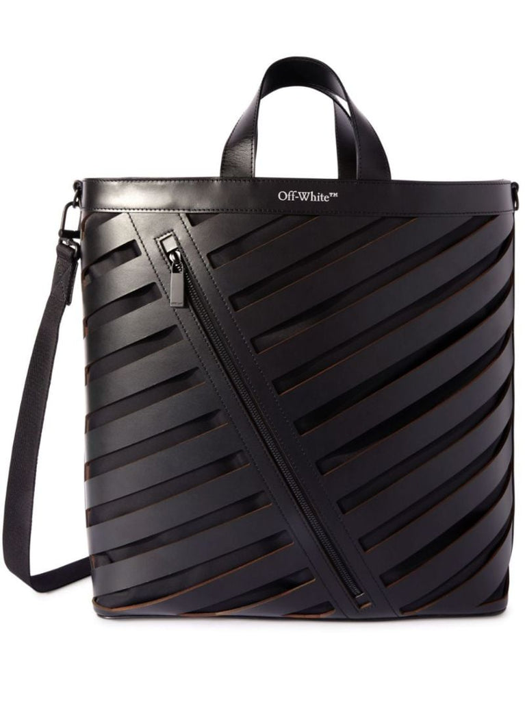 Black Diag Cut-out Leather Tote Bag