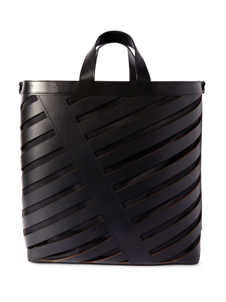 Black Diag Cut-out Leather Tote Bag
