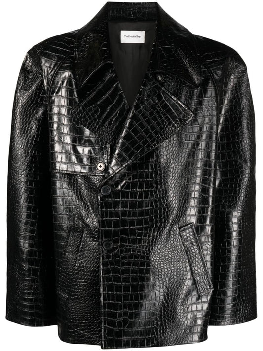 Black Jackie Crocodile-effect Faux-leather Blazer