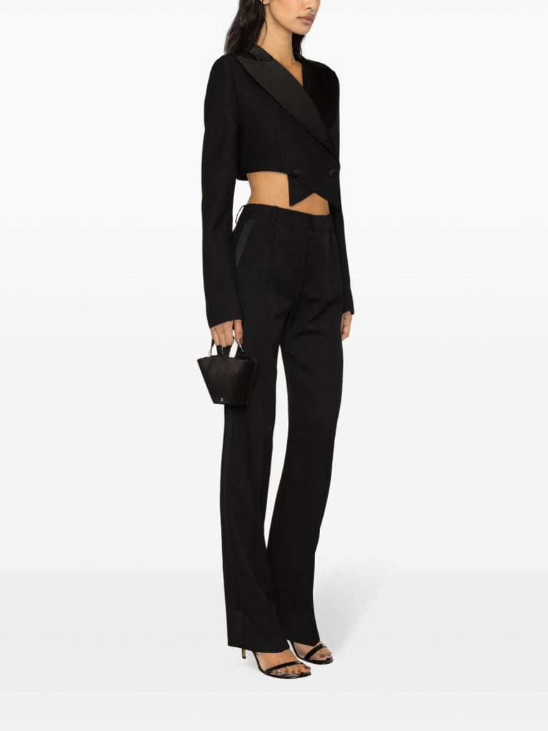 Black Double-breasted Cropped Wool Blazer