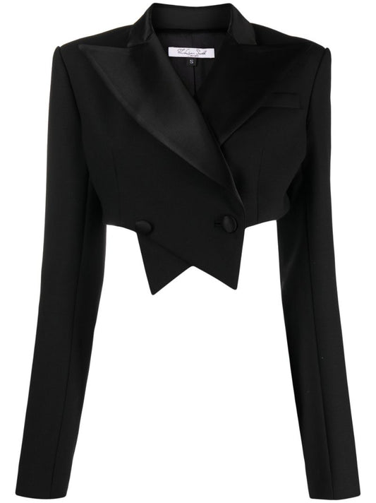 Black Double-breasted Cropped Wool Blazer