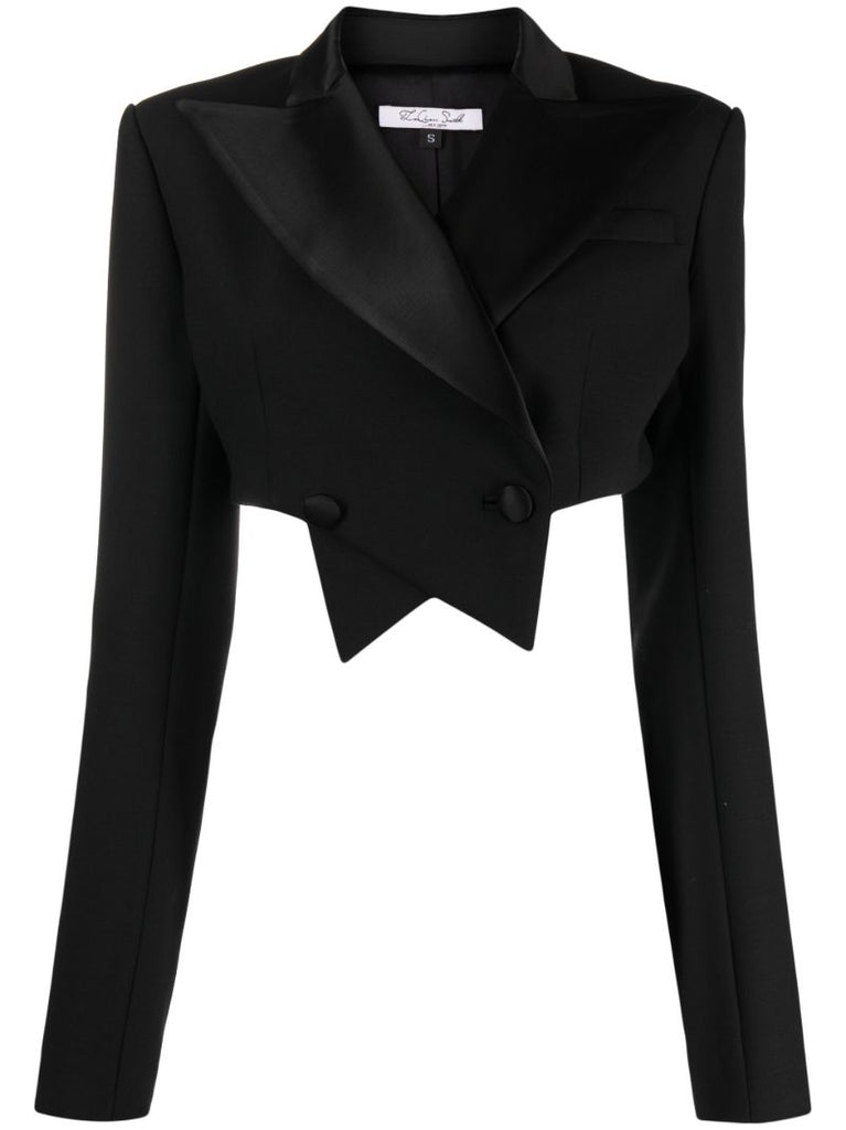 Black Double-breasted Cropped Wool Blazer