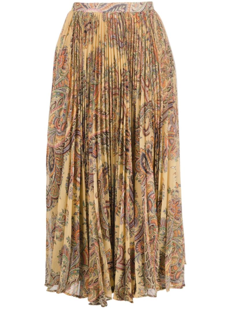 Yellow Paisley Pleated Midi Skirt