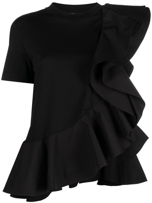Black Asymmetric Ruffled T-shirt