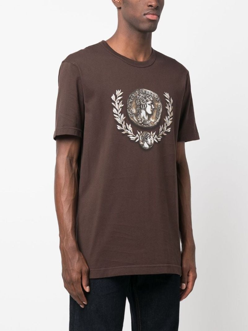 Brown Coin-print Cotton T-shirt