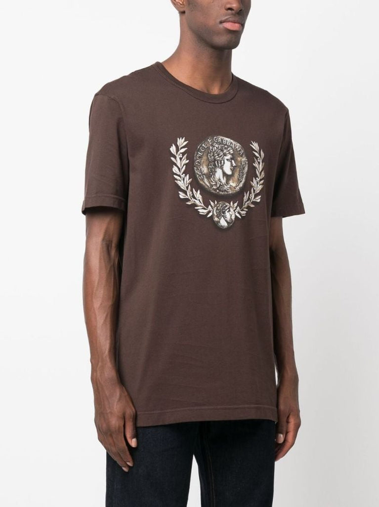 Brown Coin-print Cotton T-shirt