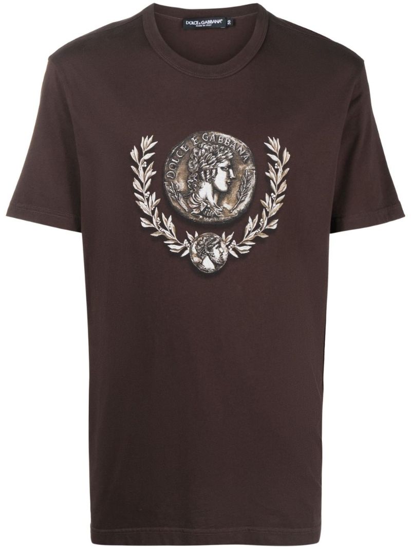 Brown Coin-print Cotton T-shirt