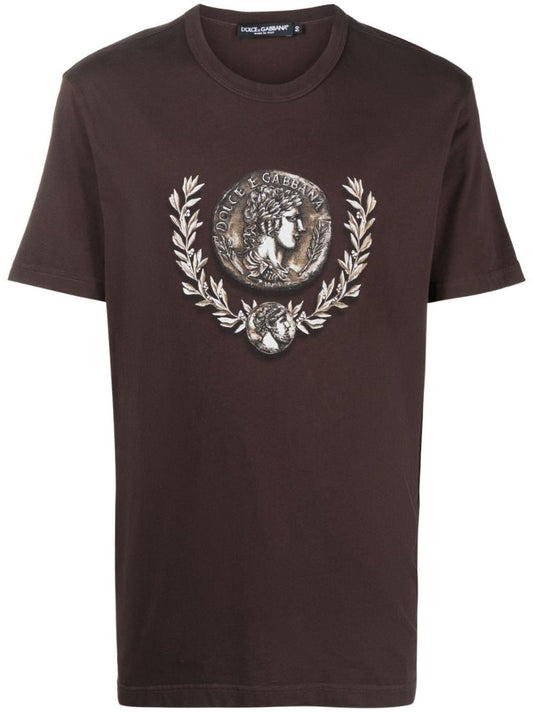 Brown Coin-print Cotton T-shirt