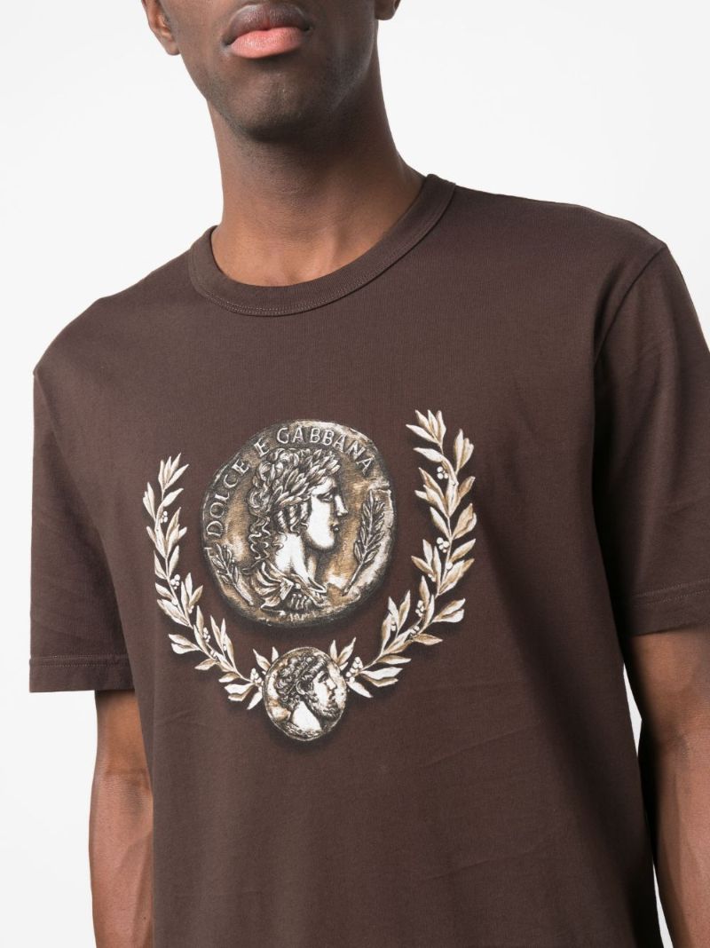 Brown Coin-print Cotton T-shirt