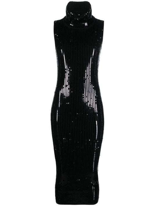 Black Sequin-embellished Knitted Midi Dress