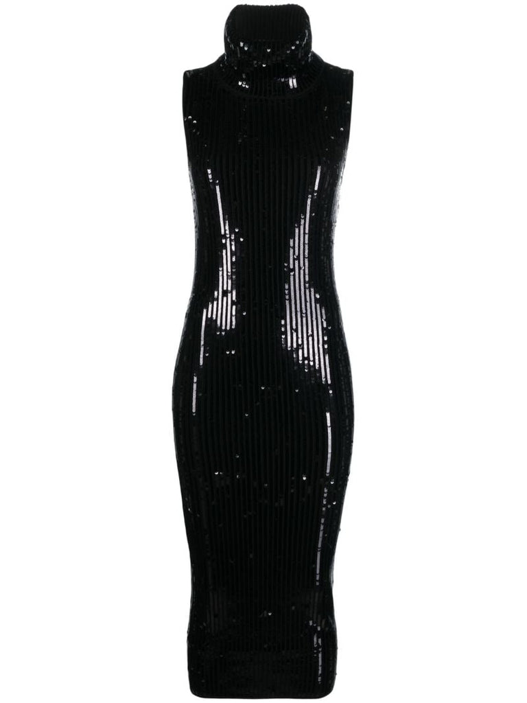 Black Sequin-embellished Knitted Midi Dress