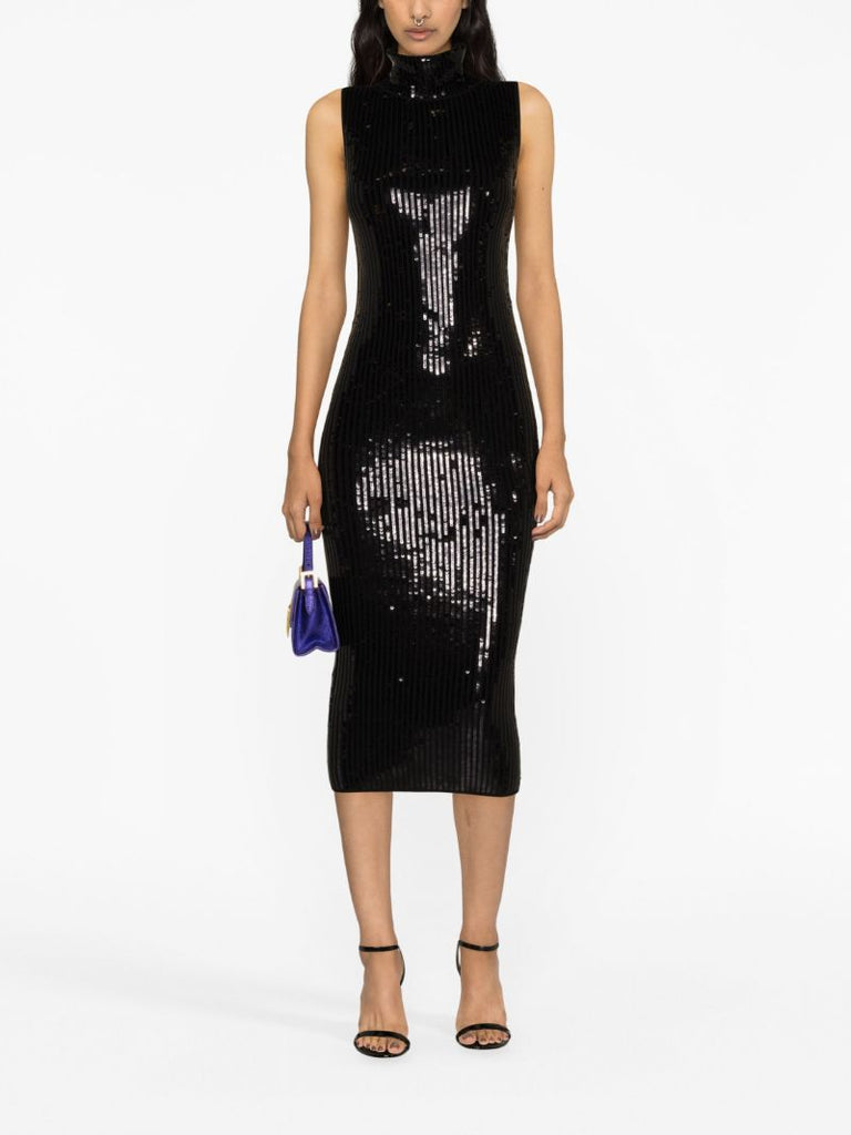 Black Sequin-embellished Knitted Midi Dress