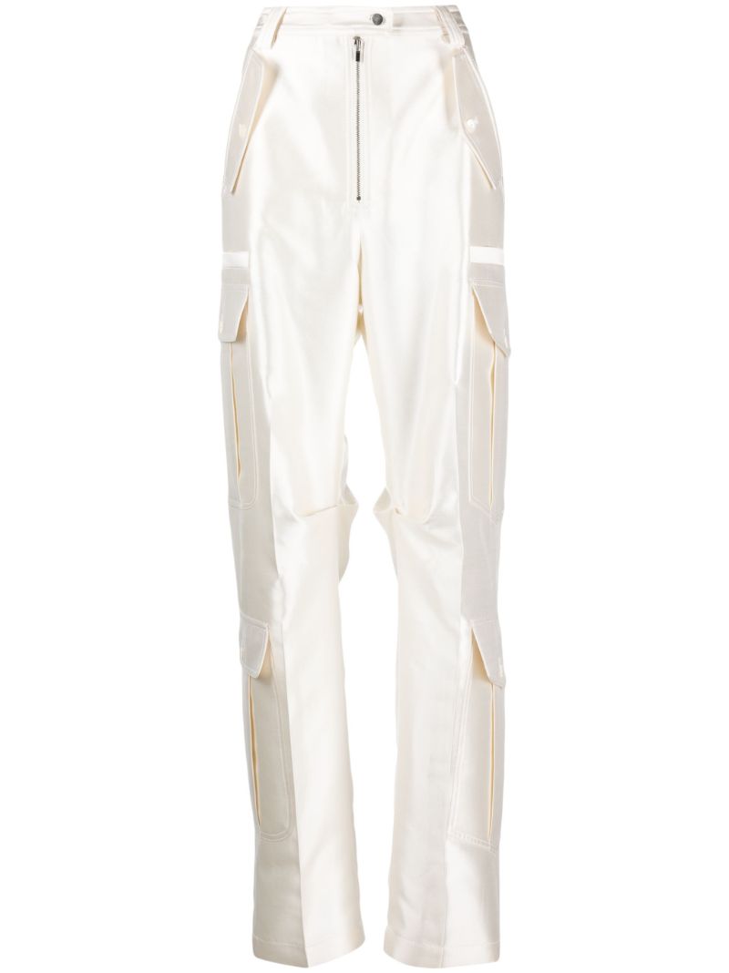 White Wide-leg Satin Cargo Trousers