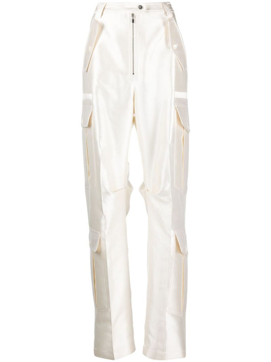 White Wide-leg Satin Cargo Trousers