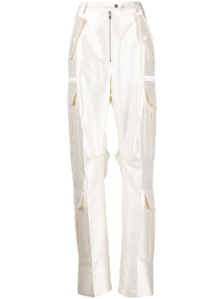 White Wide-leg Satin Cargo Trousers