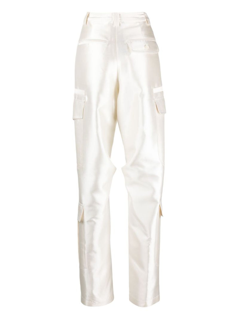 White Wide-leg Satin Cargo Trousers