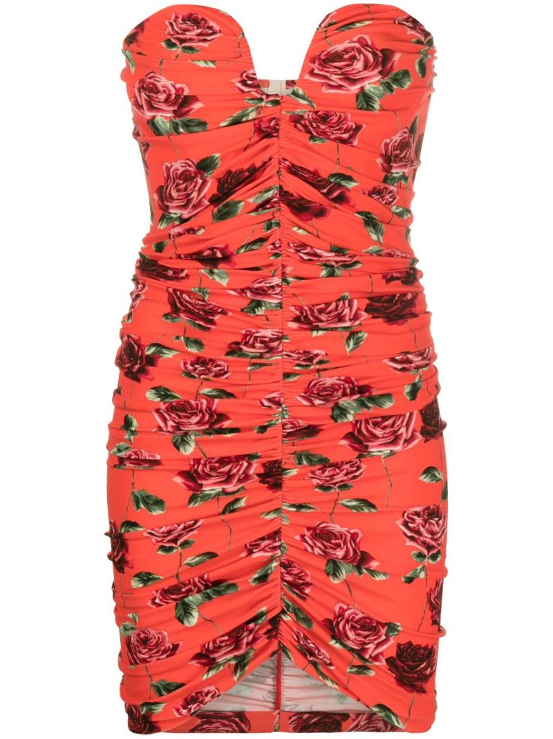 Red Rose-print Ruched Bustier Dress