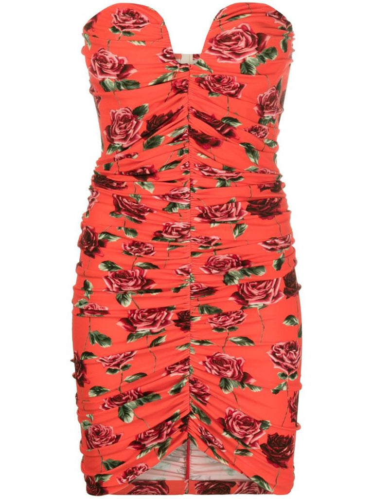 Red Rose-print Ruched Bustier Dress