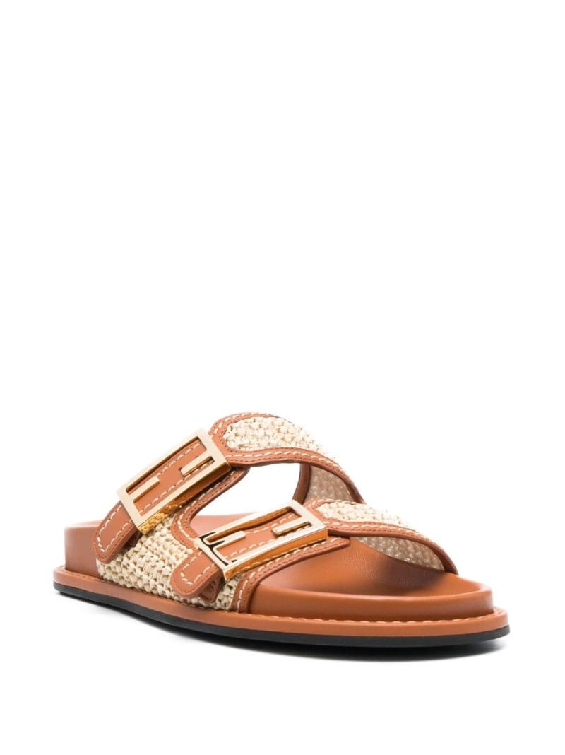 Brown Ff Raffia Leather Slides