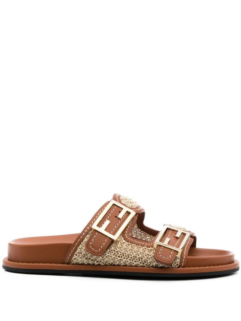 Brown Ff Raffia Leather Slides