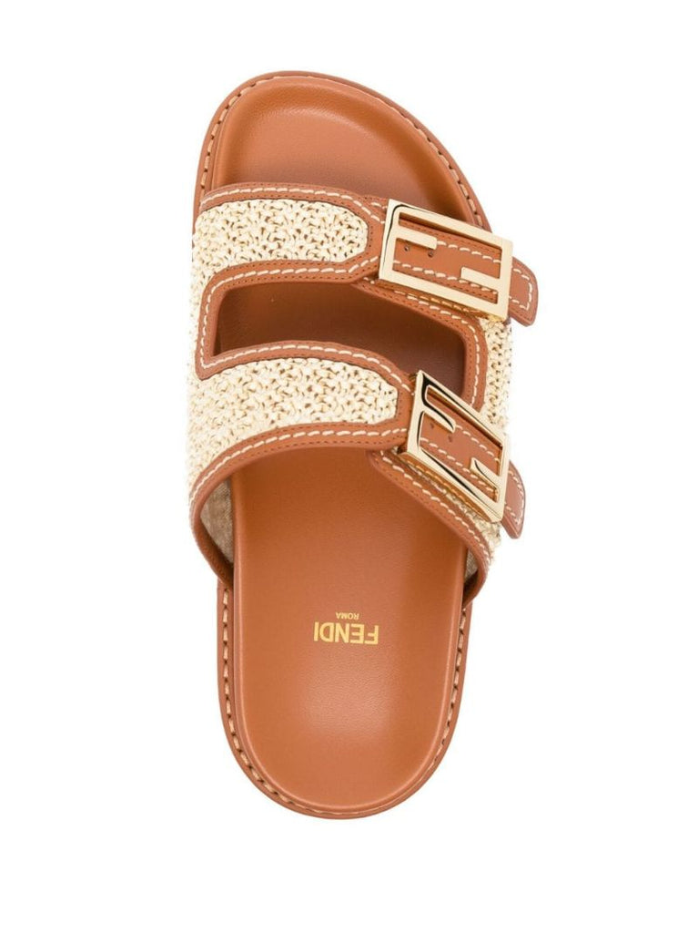 Brown Ff Raffia Leather Slides