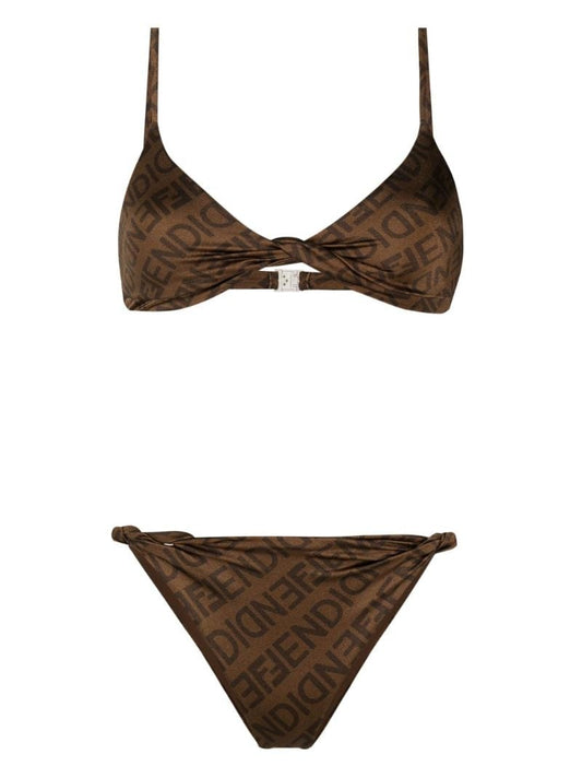 Brown Logo Reversible Bikini Set