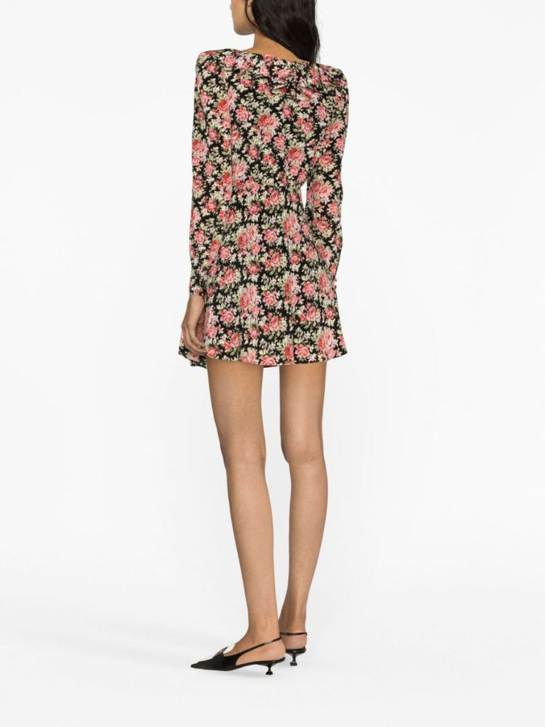 Black Floral Print Silk Mini Dress
