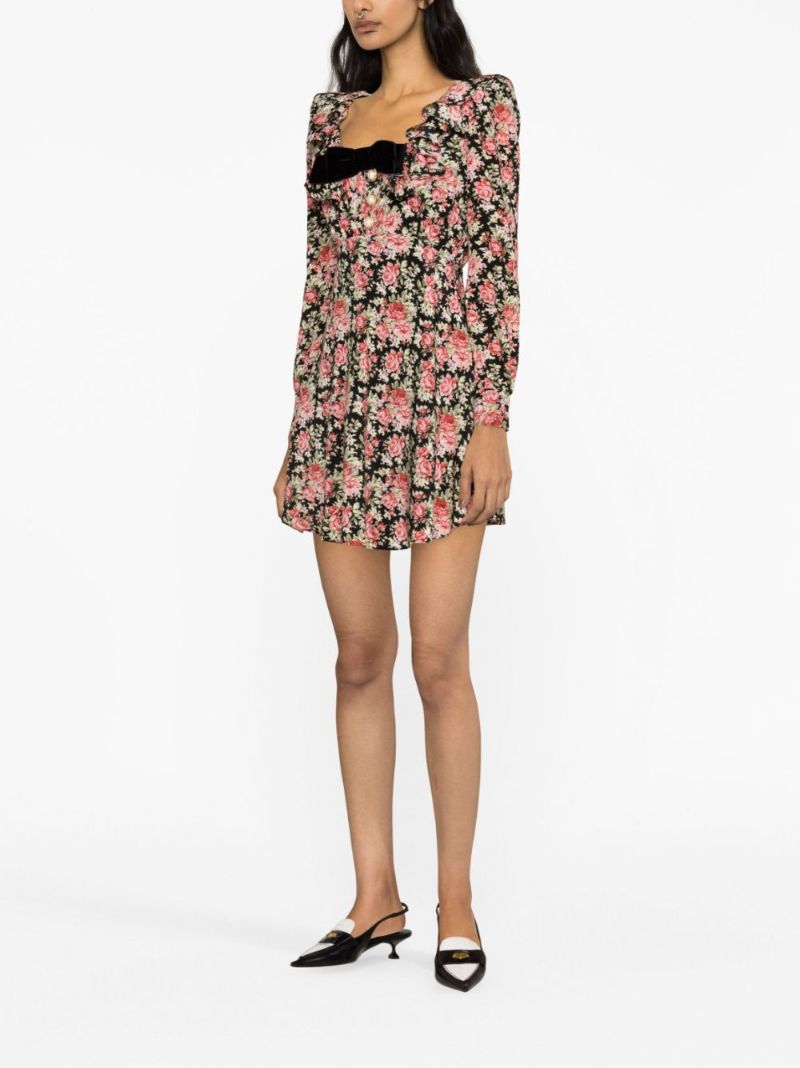 Black Floral Print Silk Mini Dress