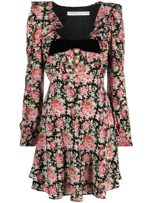 Black Floral Print Silk Mini Dress