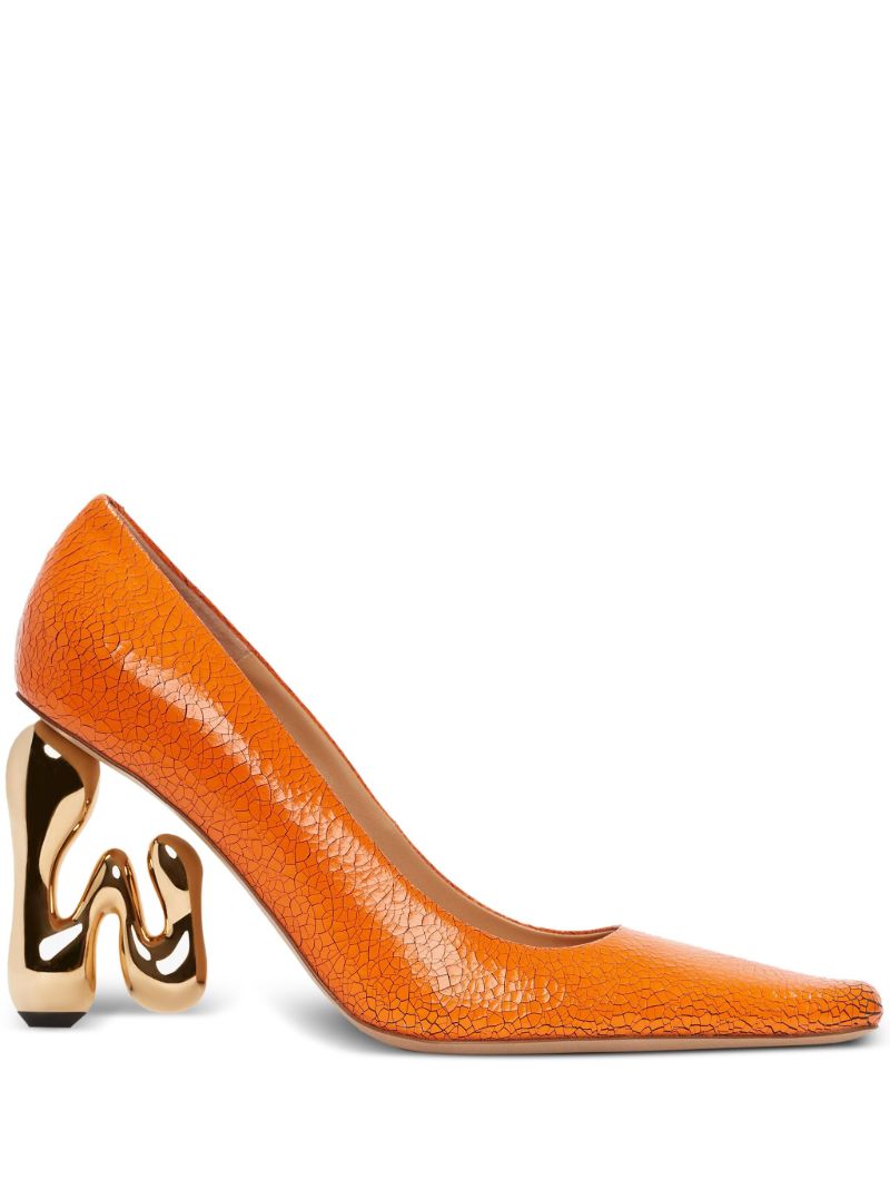 Orange Sculpted-heel Leather Pumps