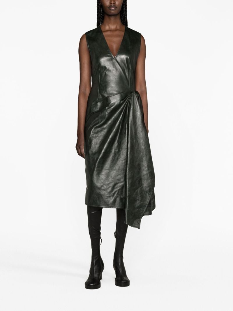 Green Draped Leather Midi Dress