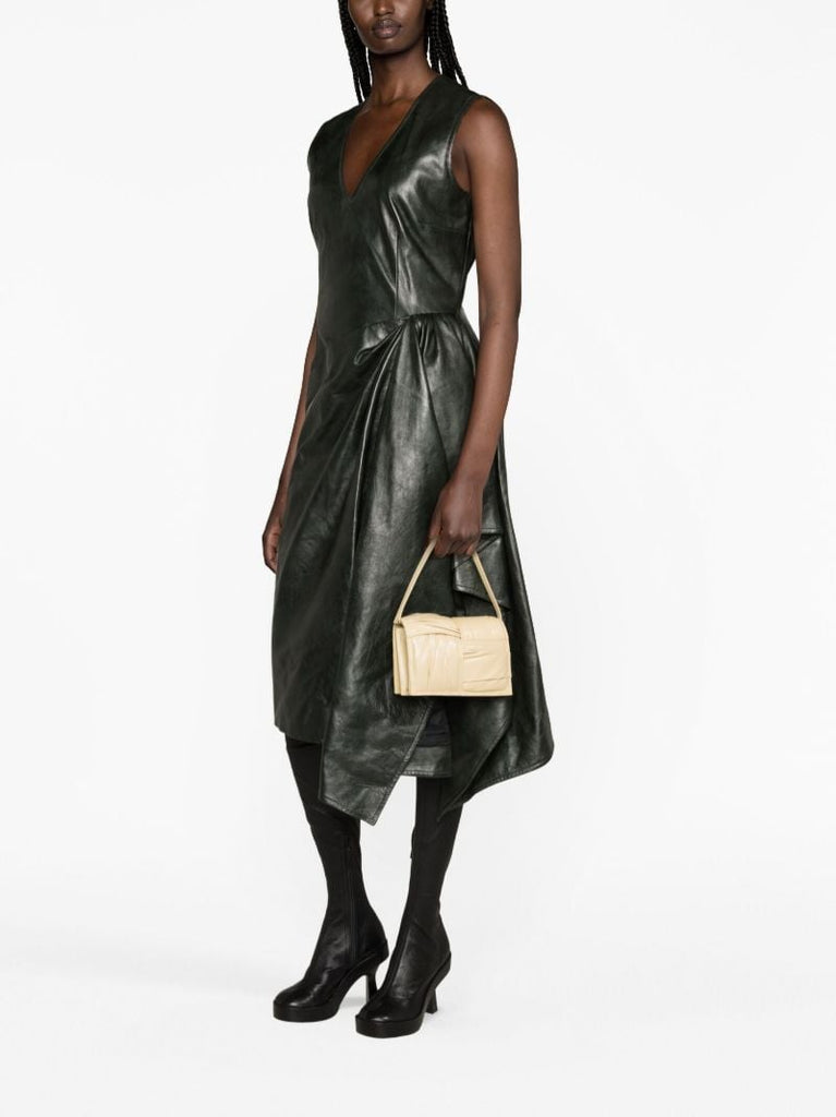 Green Draped Leather Midi Dress