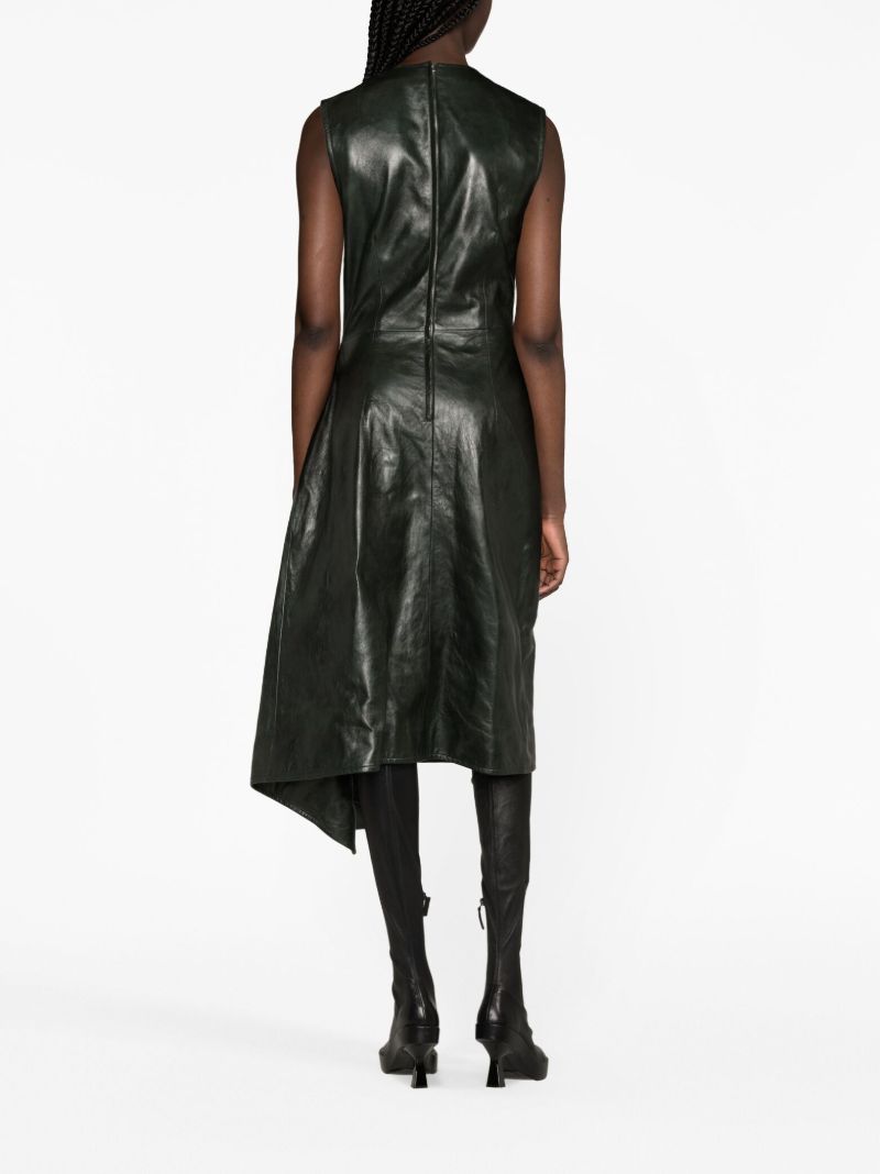 Green Draped Leather Midi Dress