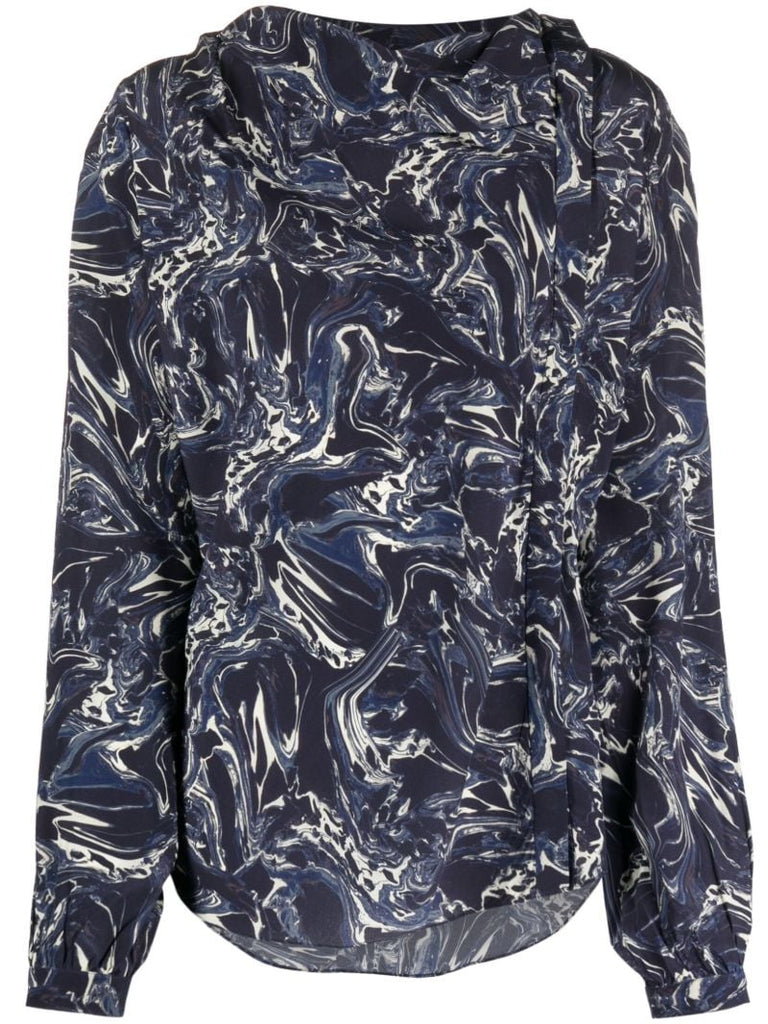 Blue Tiphaine Marble-print Silk Blouse