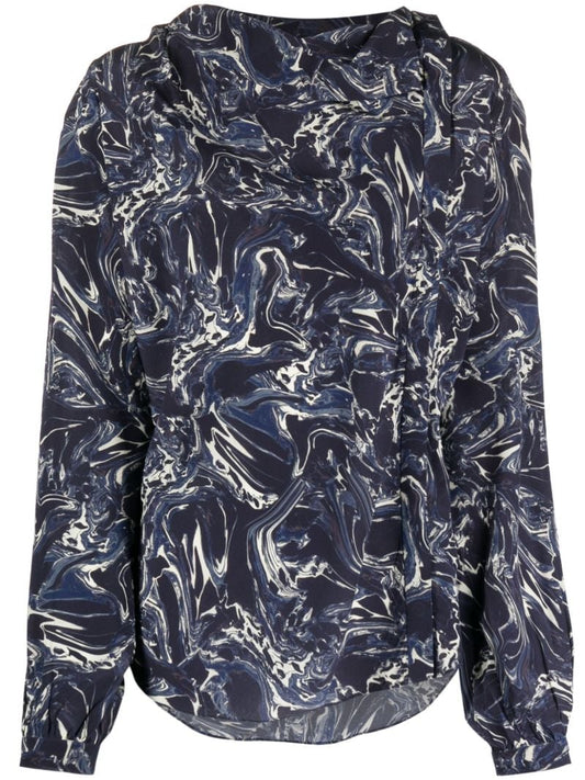 Blue Tiphaine Marble-print Silk Blouse