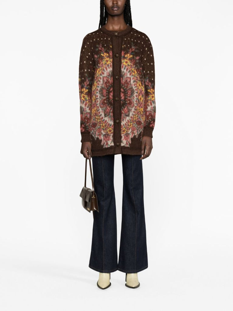 Brown Patterned-jacquard Mohair-blend Cardigan