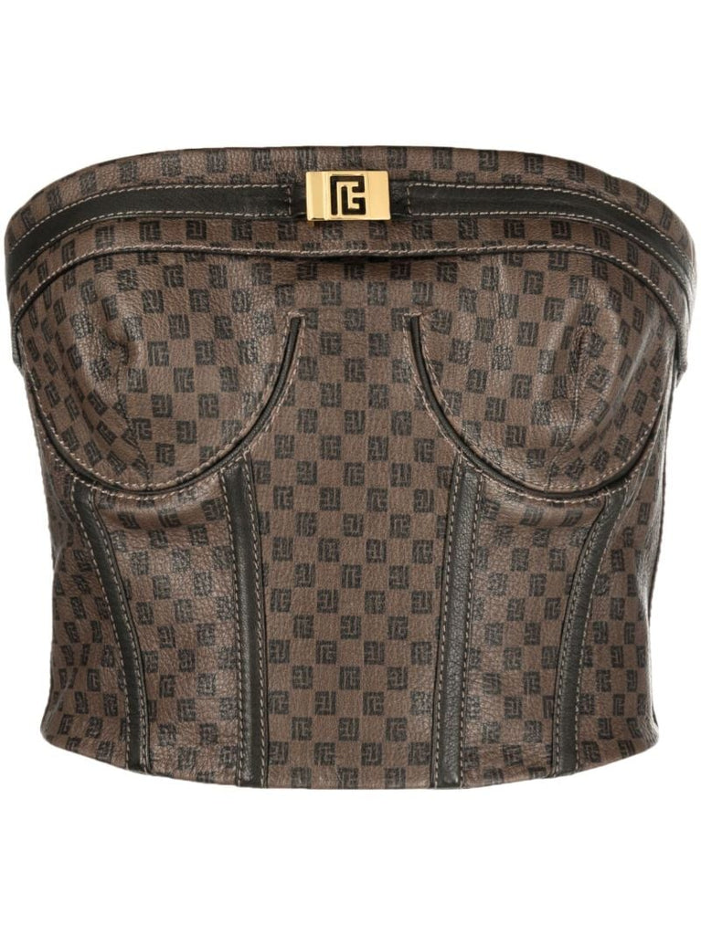 Brown Mini Monogram-print Leather Top
