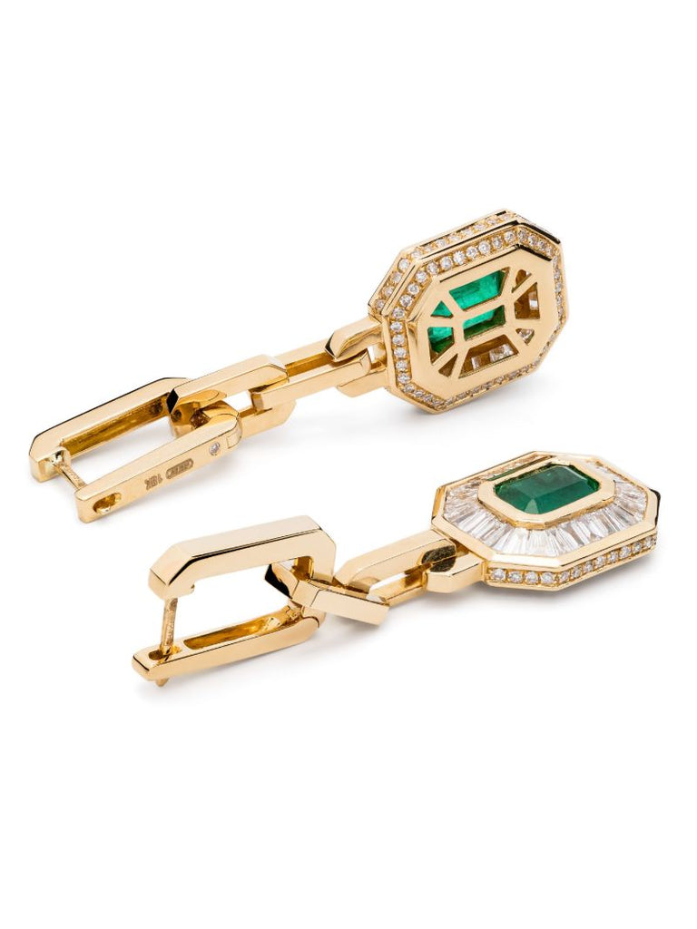 18k Yellow Gold Mini Deco Diamond and Emerald Earrings