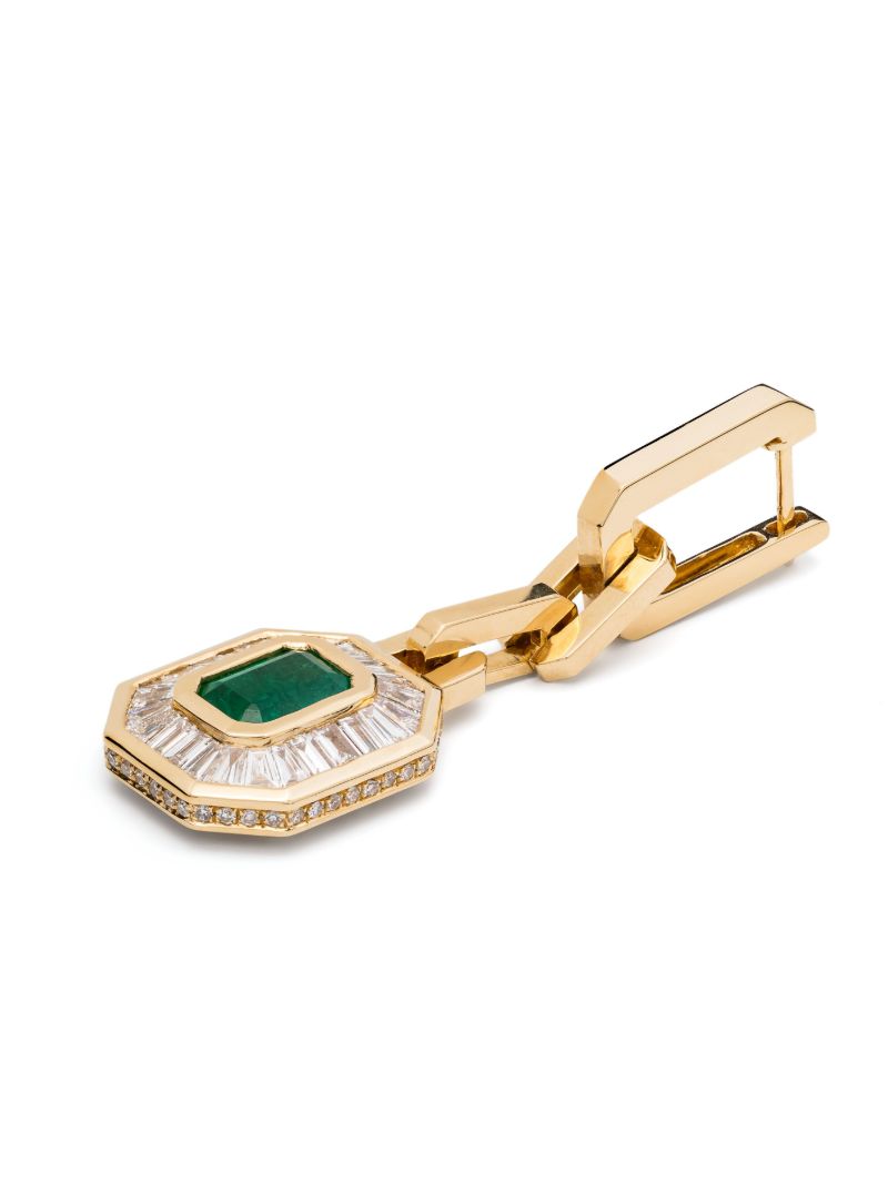 18k Yellow Gold Mini Deco Diamond and Emerald Earrings