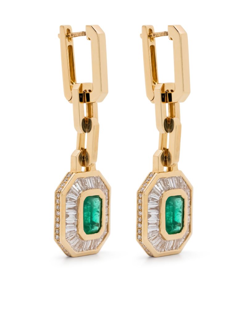 18k Yellow Gold Mini Deco Diamond and Emerald Earrings
