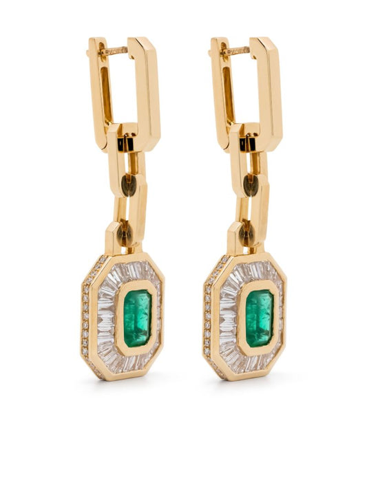18k Yellow Gold Mini Deco Diamond and Emerald Earrings