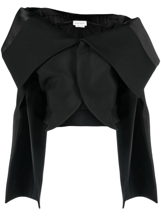 Black Foldover Off-shoulder Cropped Jacket