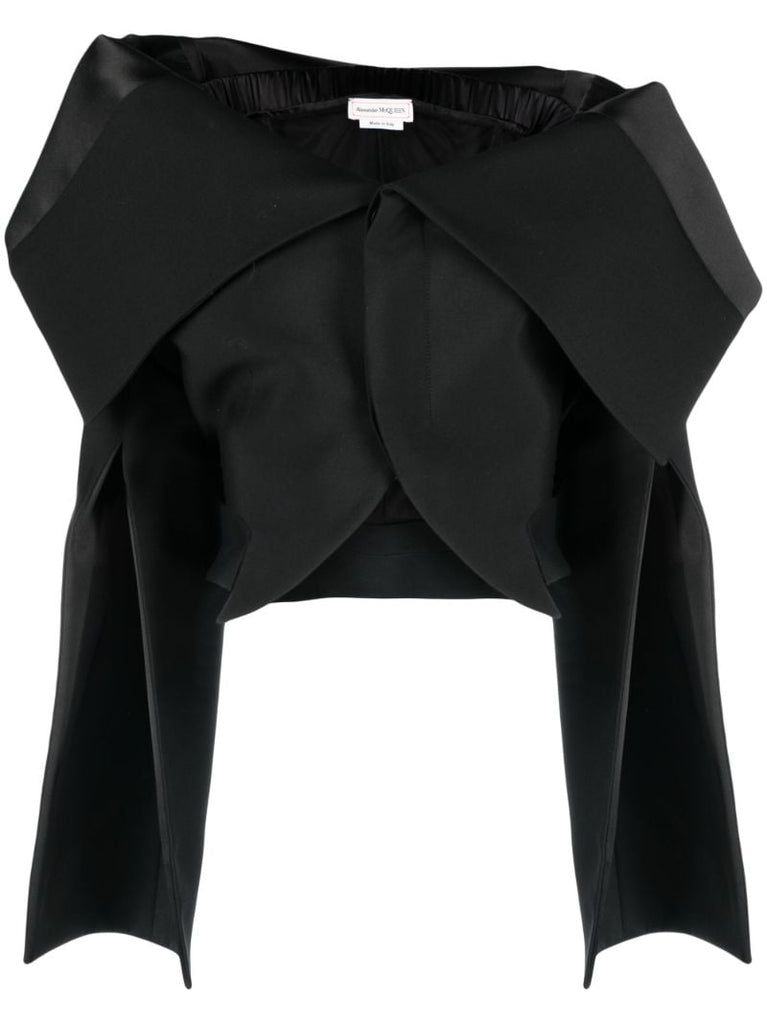 Black Foldover Off-shoulder Cropped Jacket