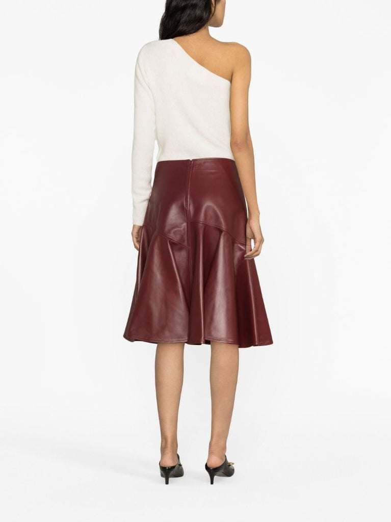 Red Pleated Leather Midi Skirt