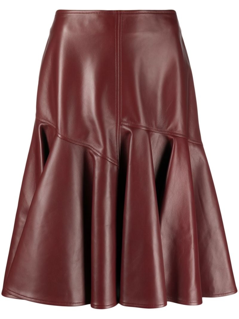 Red Pleated Leather Midi Skirt